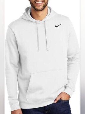 Nike Sportswear Men's White Pullover Club Hoodie with Black Swoosh Size Medium